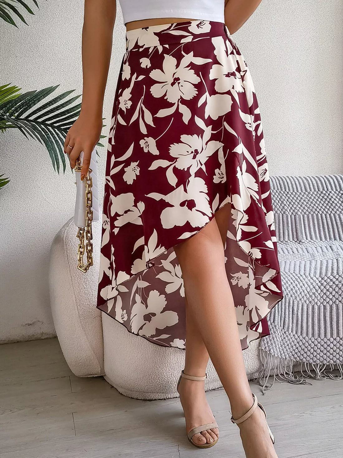 Floral Print Ruffle Hem Asymmetrical Skirt - cas7m