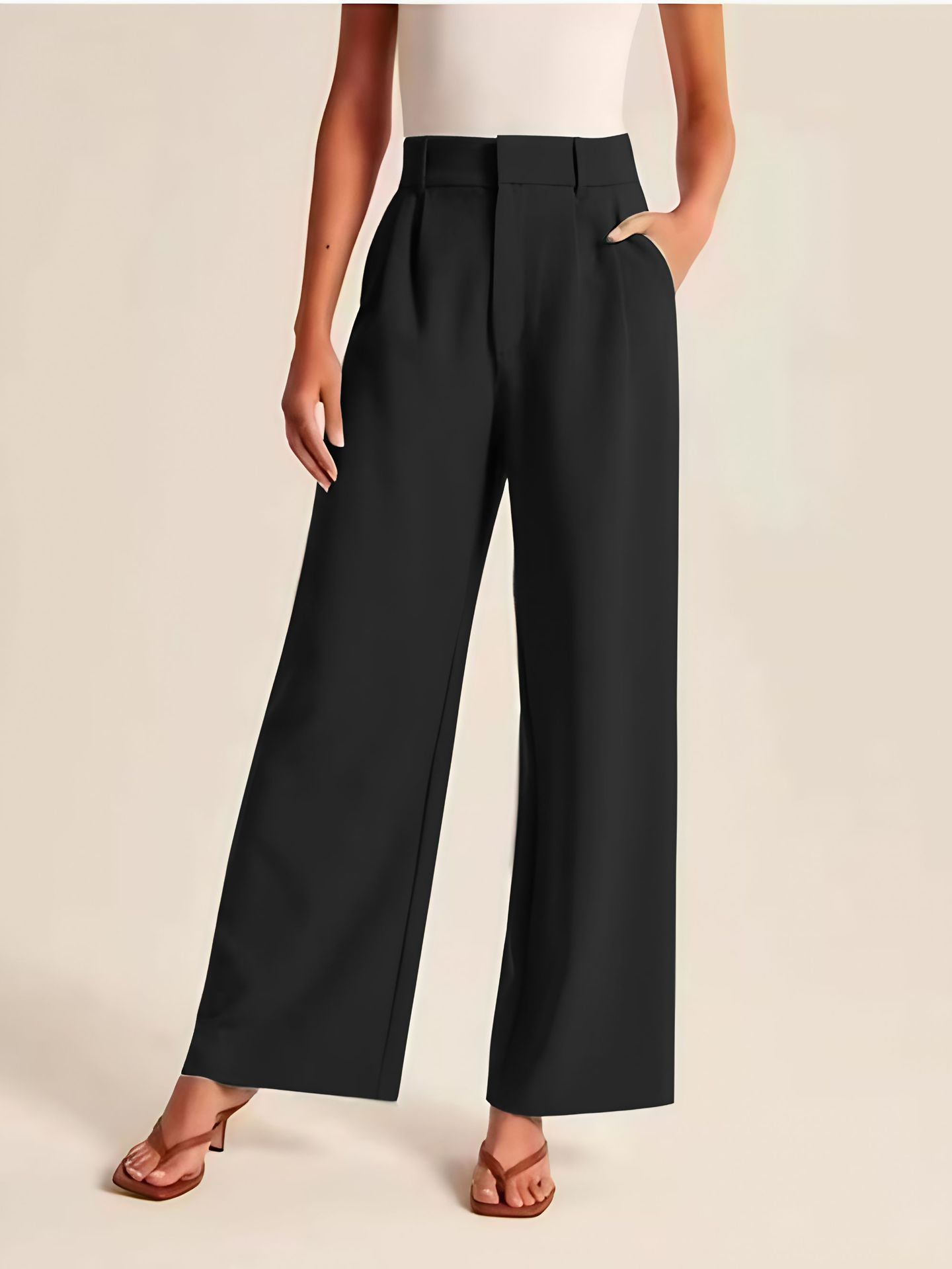 High Waist Straight Trousers With Pockets Wide Leg Casual Pants For Women - cas7m