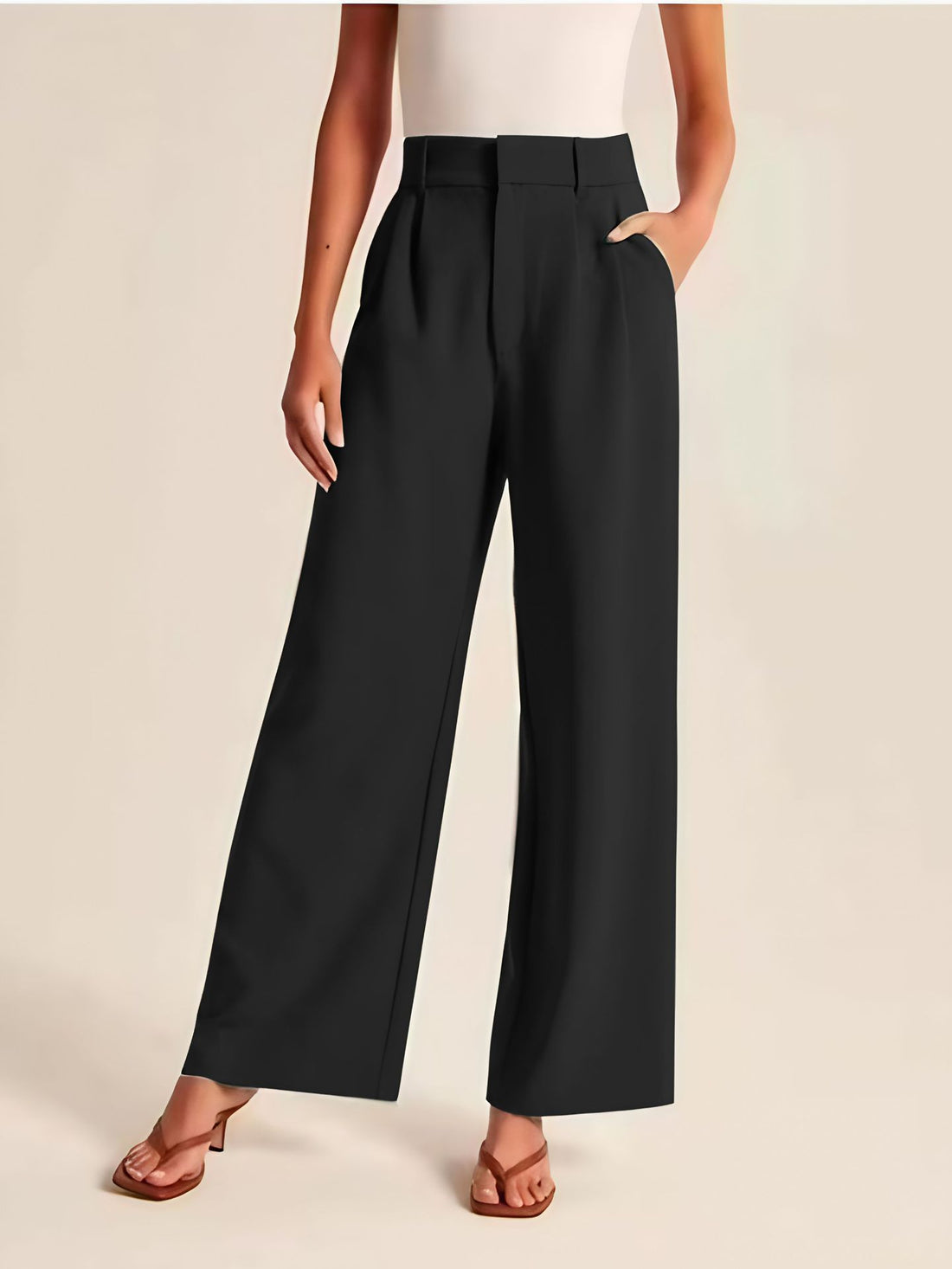 High Waist Straight Trousers With Pockets Wide Leg Casual Pants For Women - cas7m