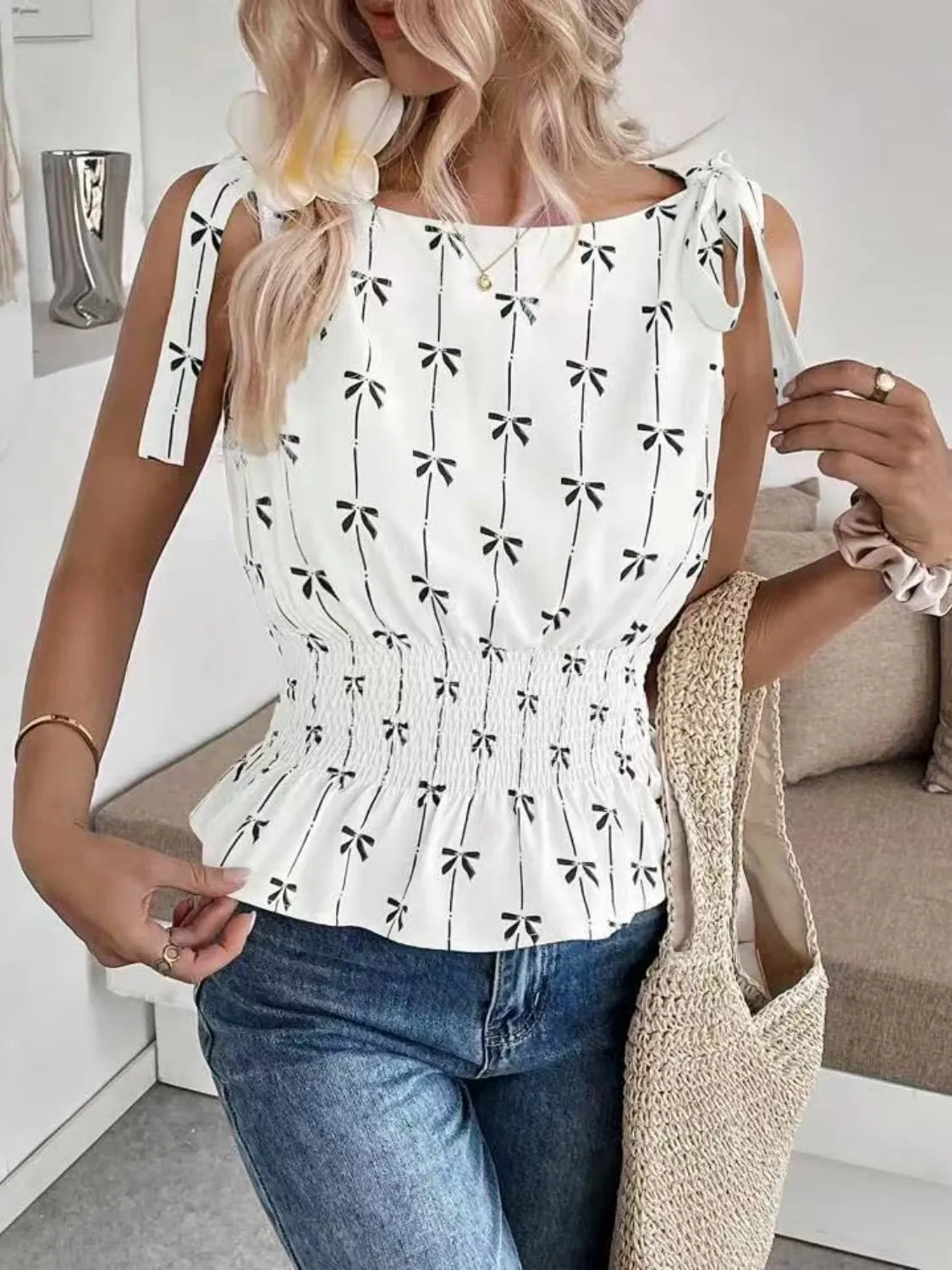 Bow Print Tie Shoulder Tank - cas7m