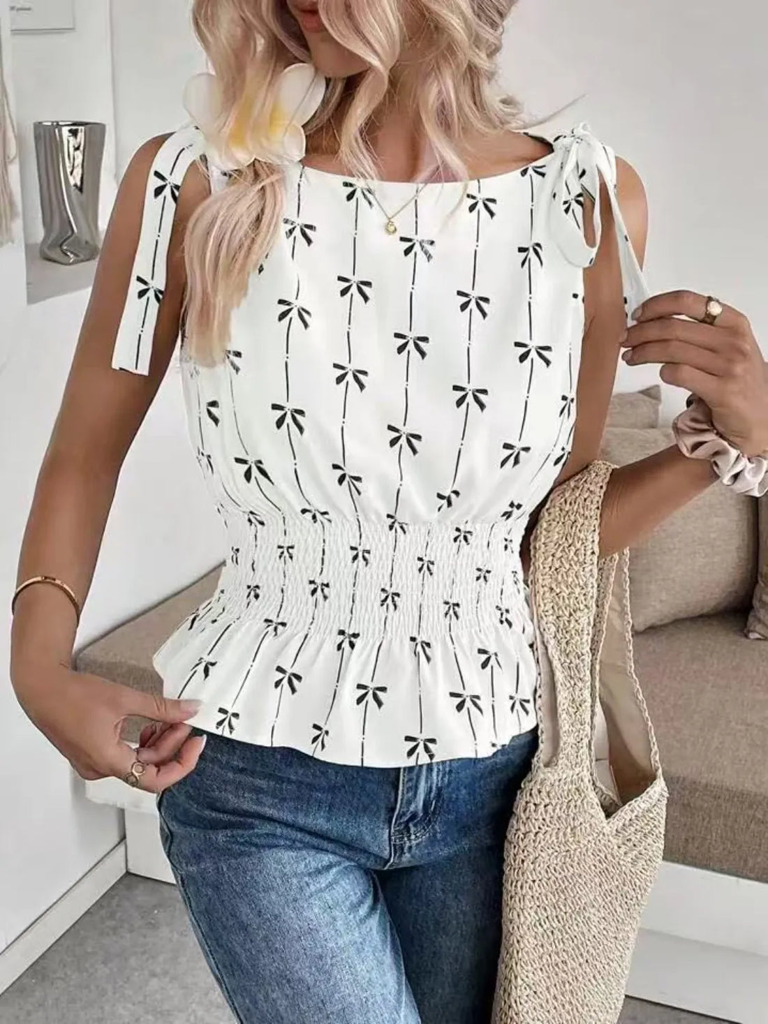 Bow Print Tie Shoulder Tank - cas7m