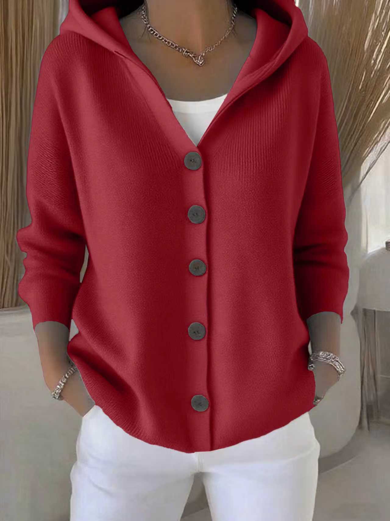 Ins Button Hooded Sweater Fashion Autumn And Winter Knitted Cardigan Casual Commuter Long Sleeve Top Women's Clothing - cas7m