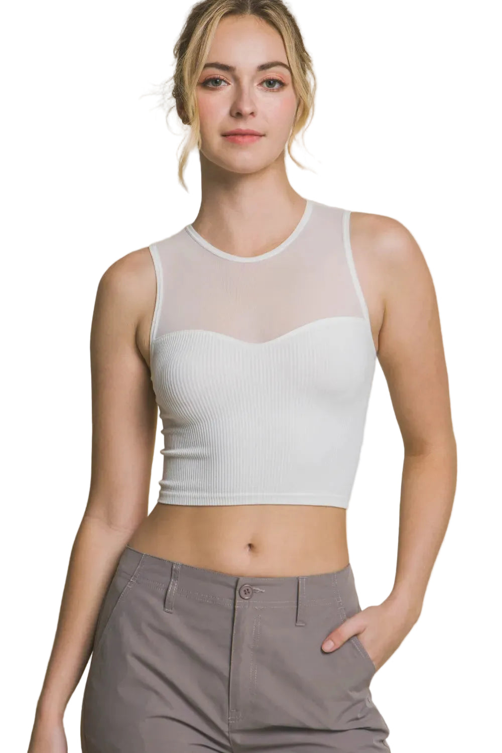 Love Tree Round Neck Ribbed Cropped Mesh Tank - cas7m