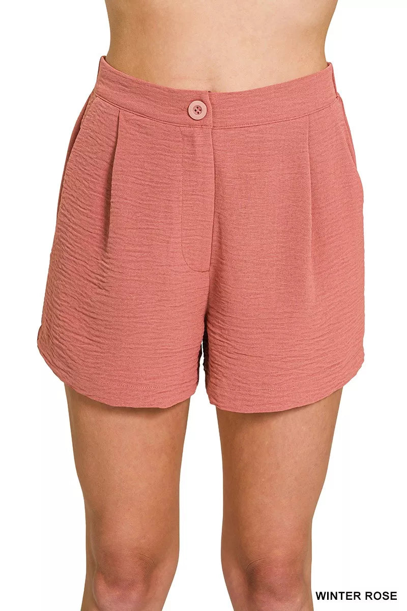 Zenana Woven Airflow Back Elastic Waist Shorts - cas7m