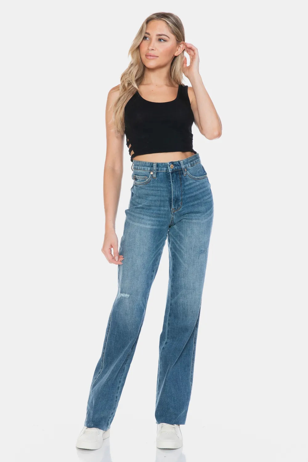 Judy Blue Full Size Tummy Control Cut Raw Hem Straight Jeans - cas7m