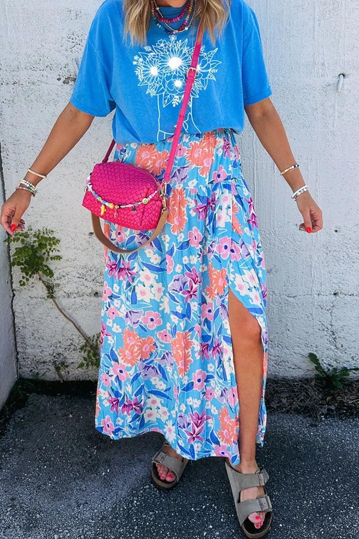 Floral Printed High Waist Split Skirt - cas7m