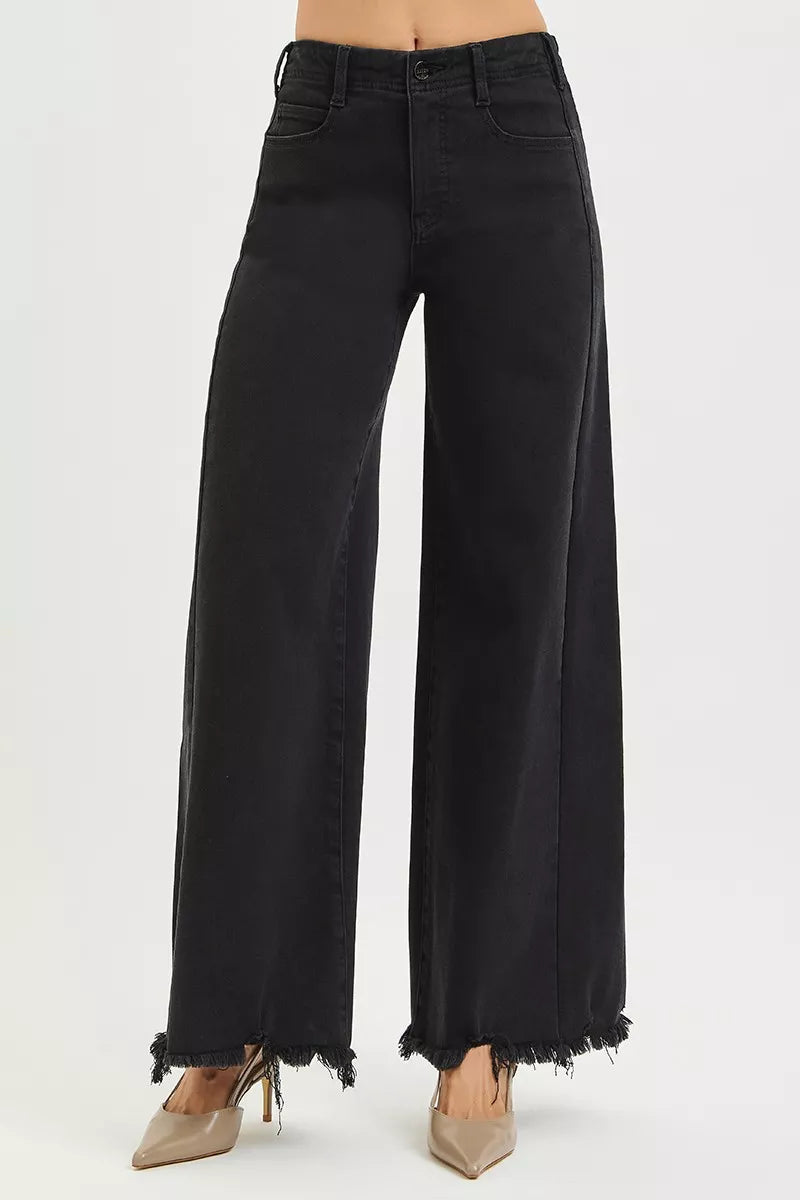 RISEN Tummy Control High Rise Palazzo Leg Frayed Hem Jeans - cas7m
