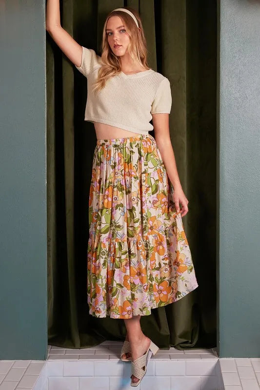 Mittoshop Flower Print Elastic Waist Tiered Skirt - cas7m