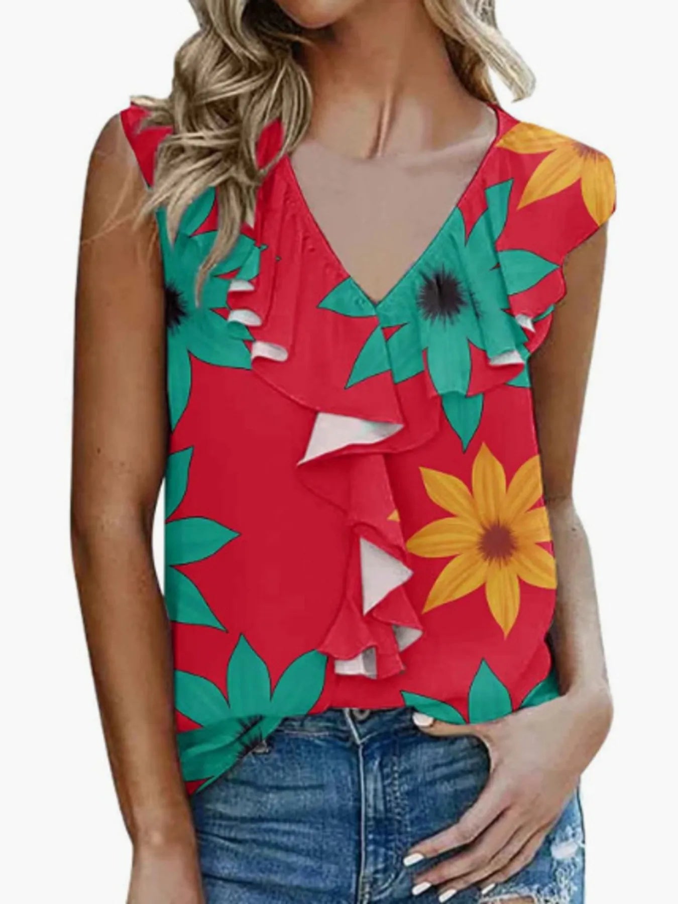 Printed V-Neck Tank - cas7m