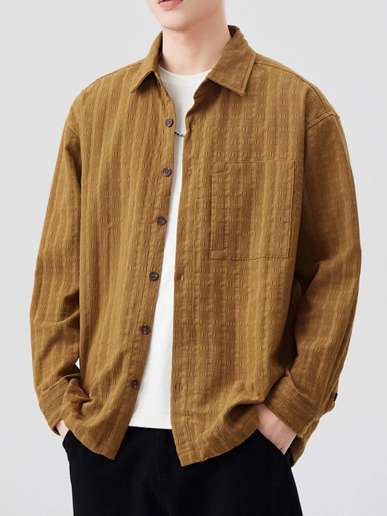 Men's Plus Size Button Up Long Sleeve Shirt - cas7m