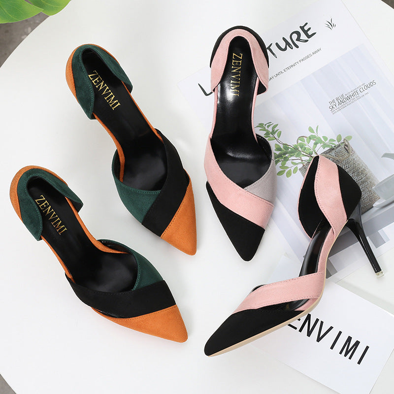 289-8 Color Block Hollow Pointed Toe High Heels