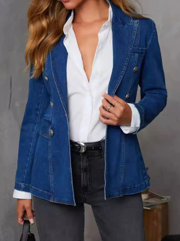 Collared Neck Long Sleeve Denim Jacket - cas7m