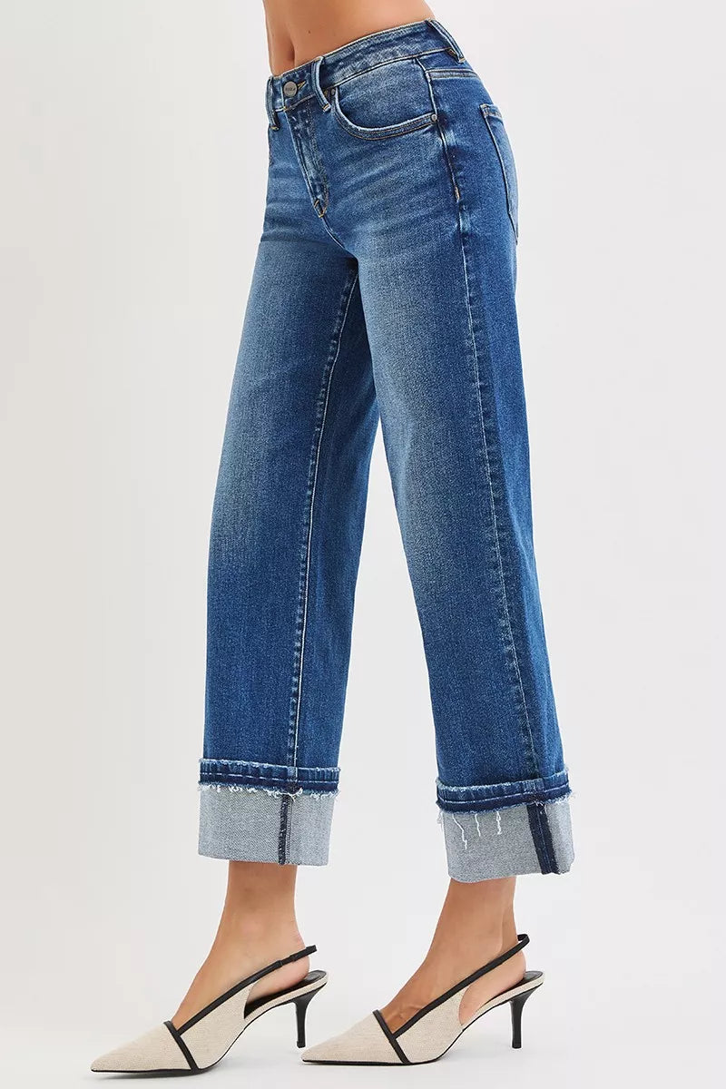 RISEN Mid Rise Ankle Straight Jeans with Cuffed Hem - cas7m