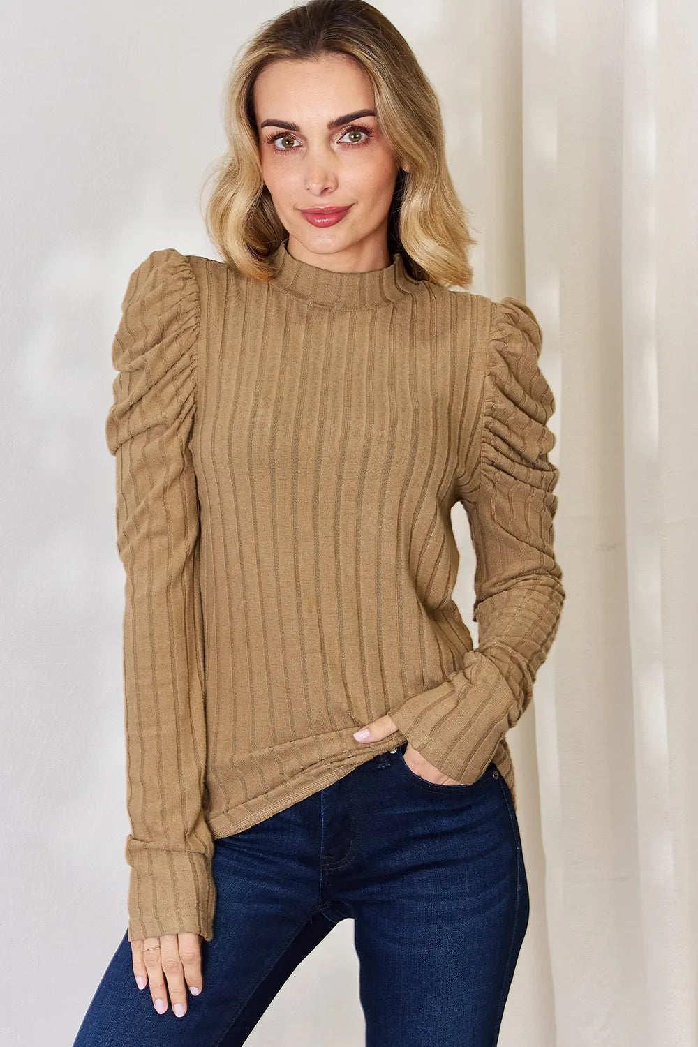 Basic Bae Full Size Ribbed Mock Neck Puff Sleeve T-Shirt - cas7m