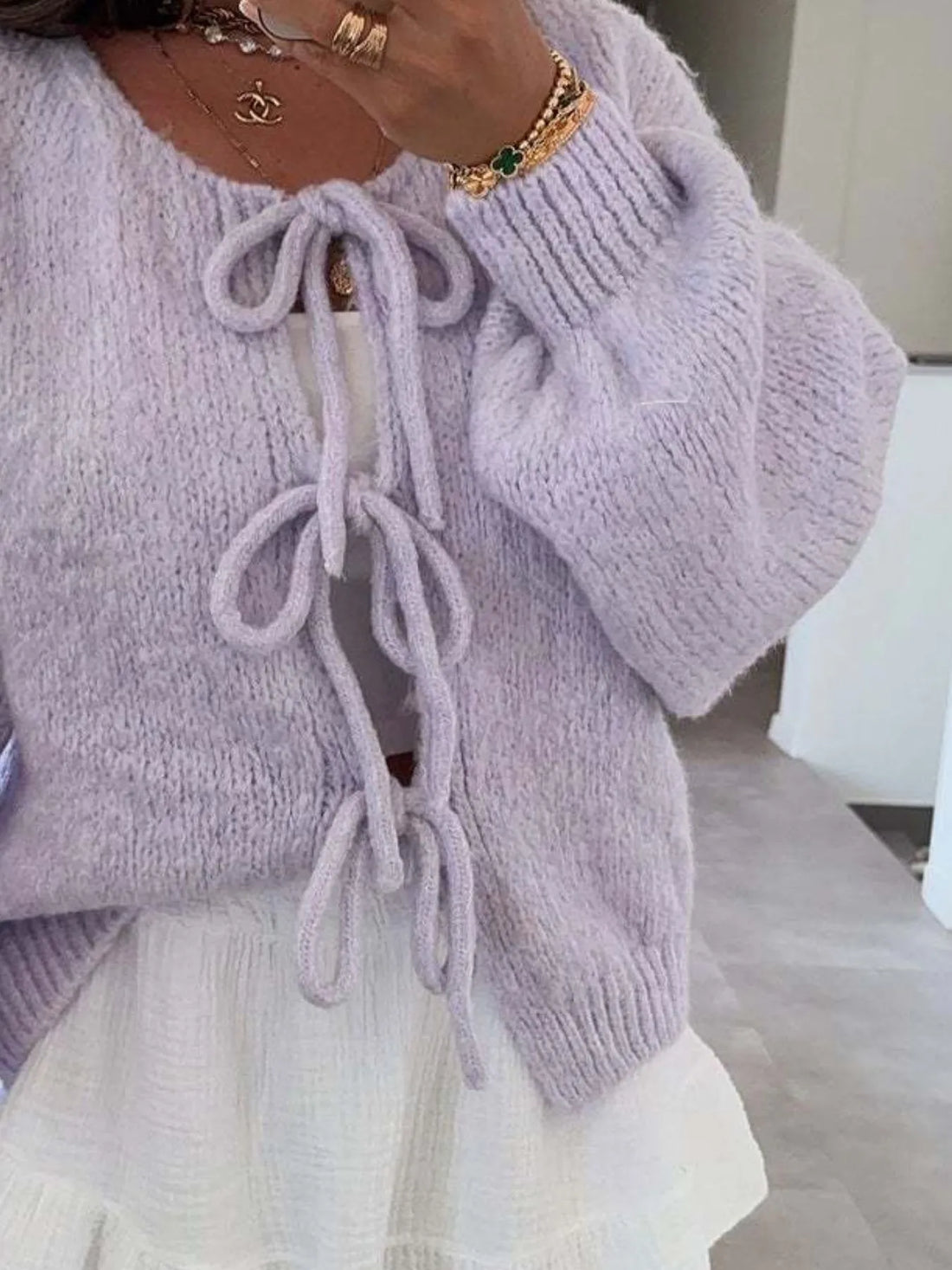 Cozy Bow-Tie Front Knit Cardigan - cas7m