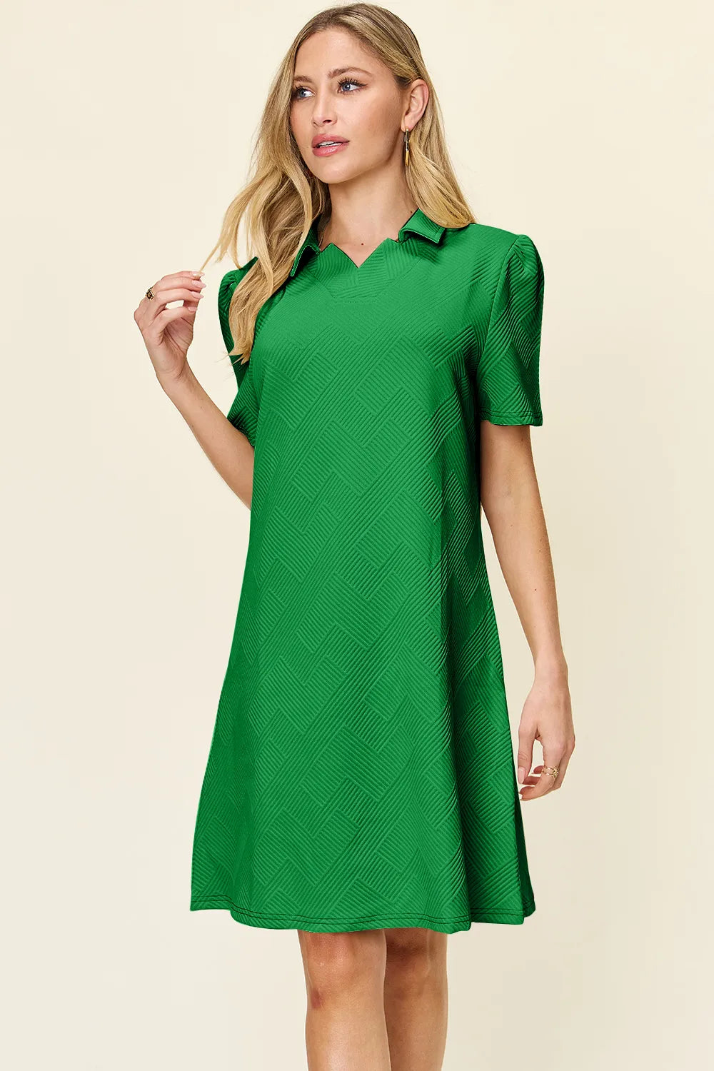 Double Take Full Size Texture Collared Neck Short Sleeve Dress - cas7m