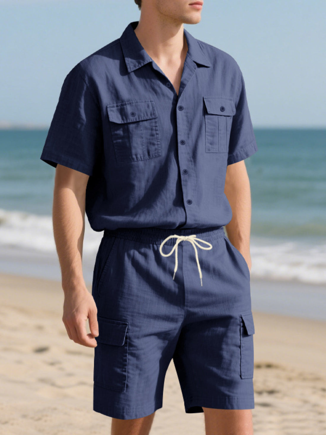 Men's Full Size Button Up Shirt and Shorts Set Plus Size - cas7m
