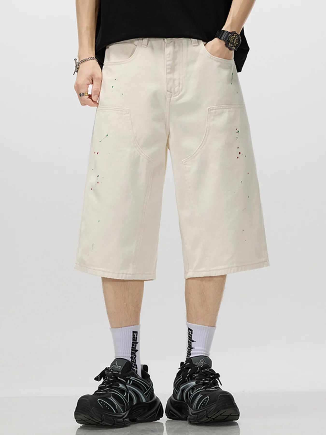 Men's Loose-Fit Splatter-Paint Denim Capris - cas7m