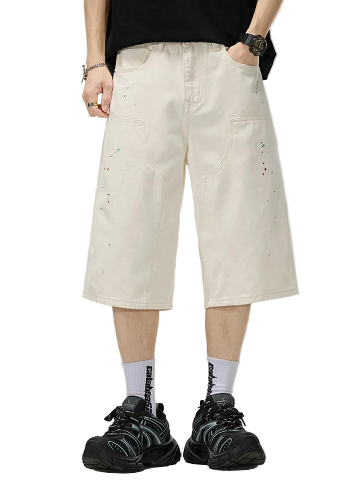 Men's Loose-Fit Splatter-Paint Denim Capris - cas7m