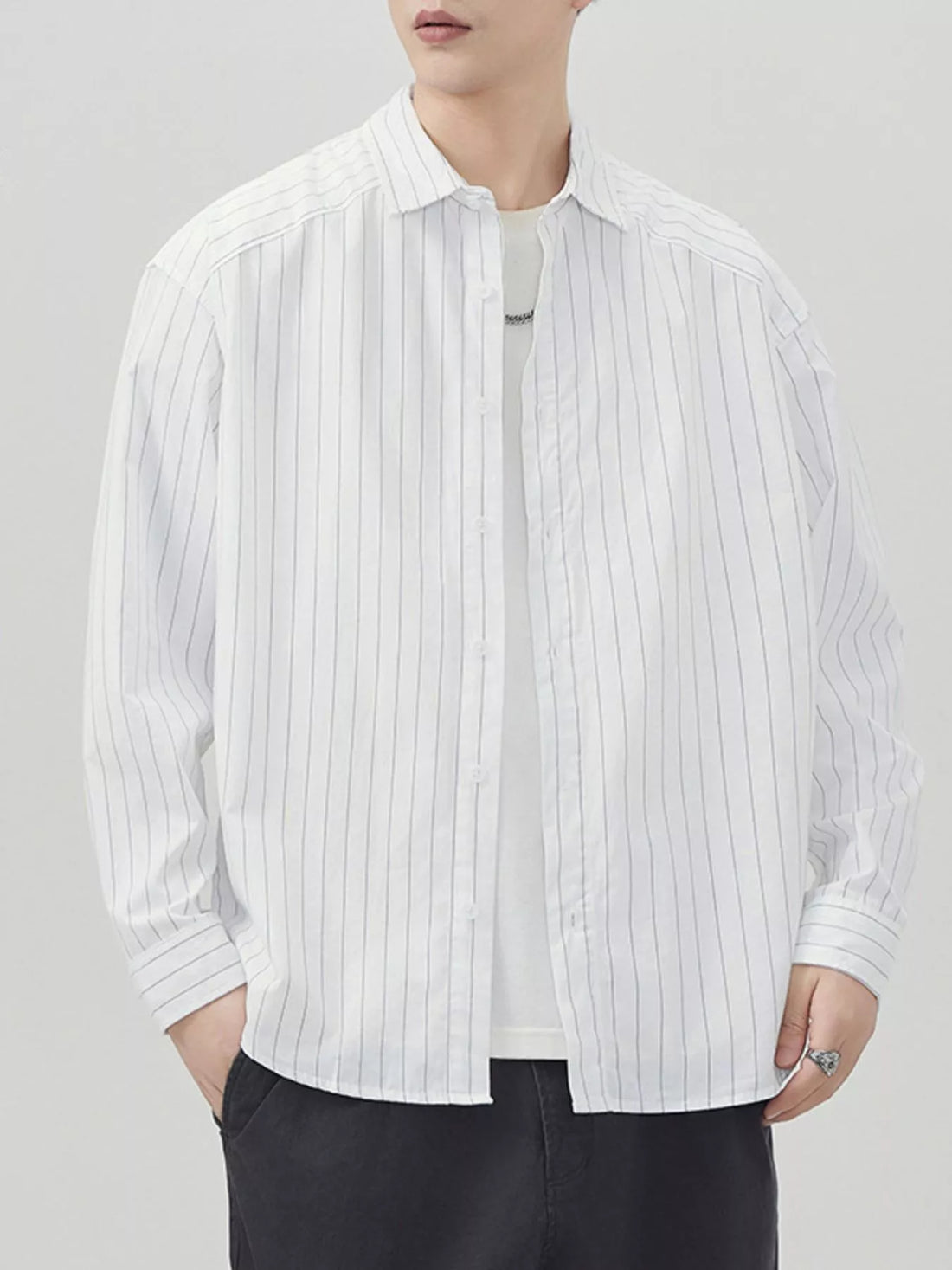 Men's Plus Size Striped Button Up Long Sleeve Shirt - cas7m