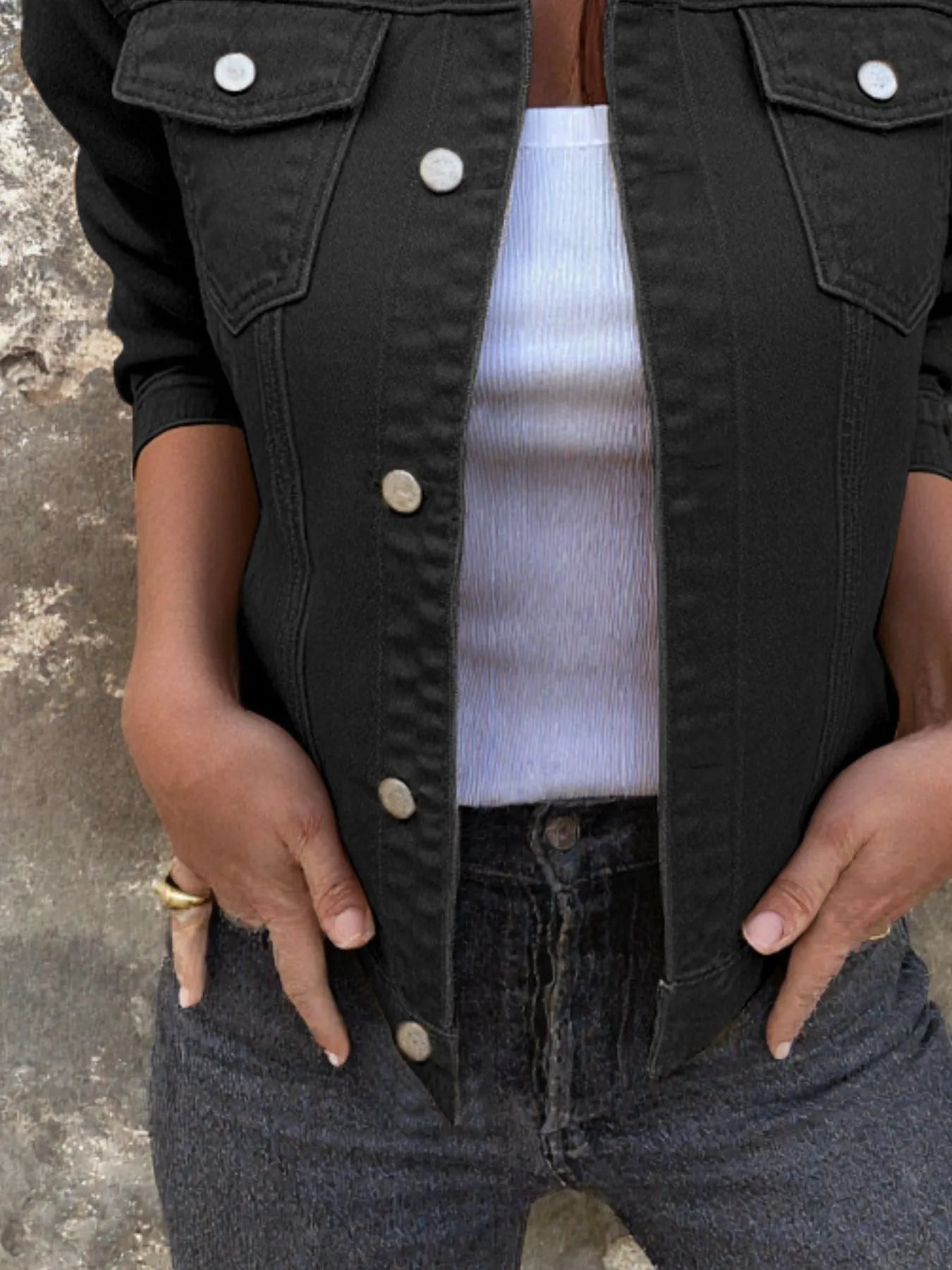 Button Front Closure Denim Jacket - cas7m