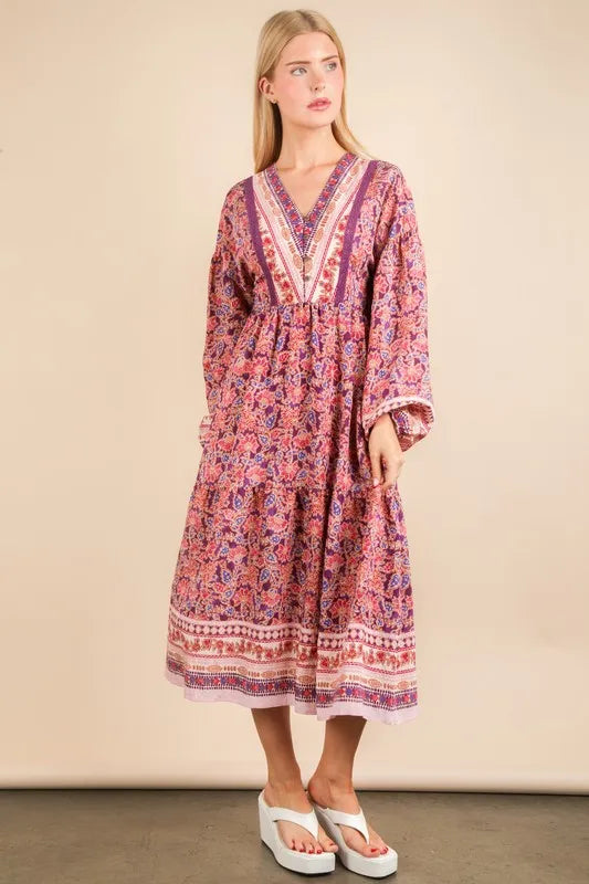 VERY J Floral Printed Boho V-Neck Balloon Sleeve Dress - cas7m