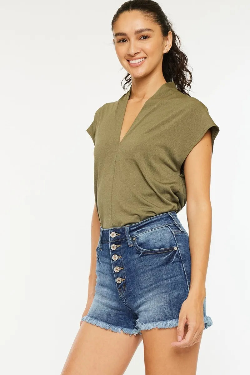 Kancan High Rise Frayed Hem Denim Shorts - cas7m
