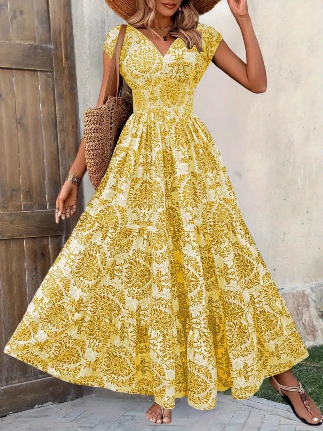 Printed Cap Sleeve Maxi Dress - cas7m