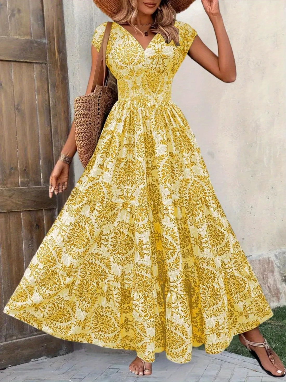 Printed Cap Sleeve Maxi Dress - cas7m