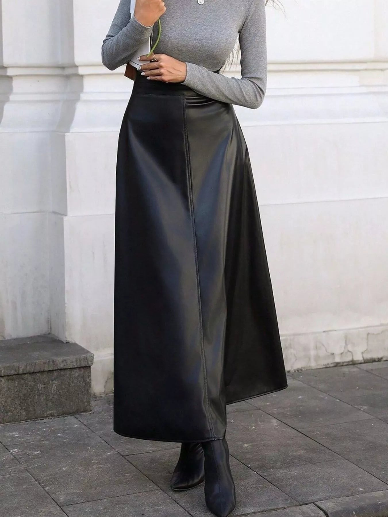 Leather A-Line Midi Skirt - cas7m