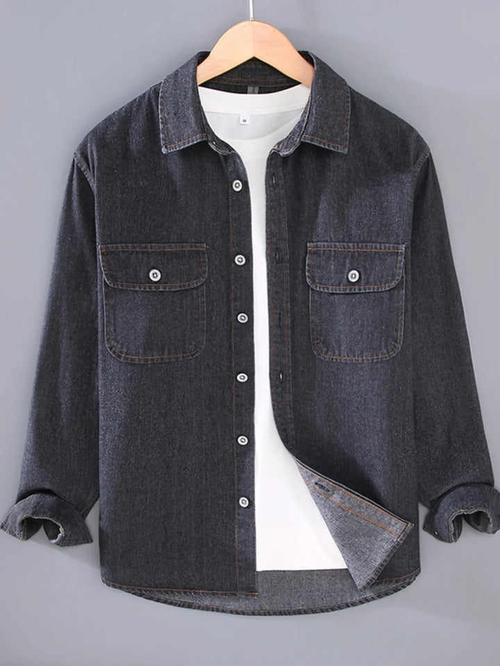 Men's Plus Size Washed Long Sleeve Denim Shirt - cas7m