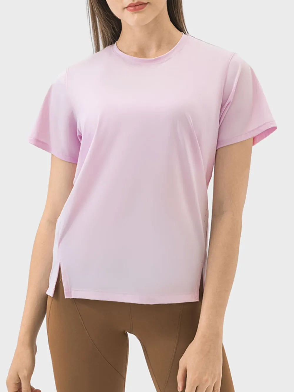 Millennia Slit Round Neck Short Sleeve Active T-Shirt - cas7m