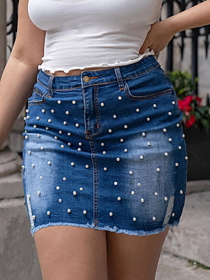 Plus Size Pearl Embellished Denim Skirt - cas7m