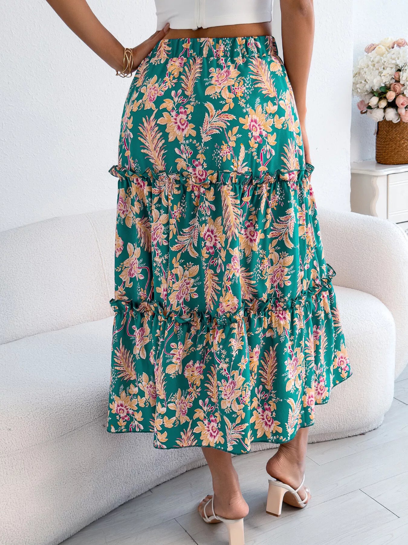 Floral Print Ruffle Hem Flowy Midi Skirt - cas7m