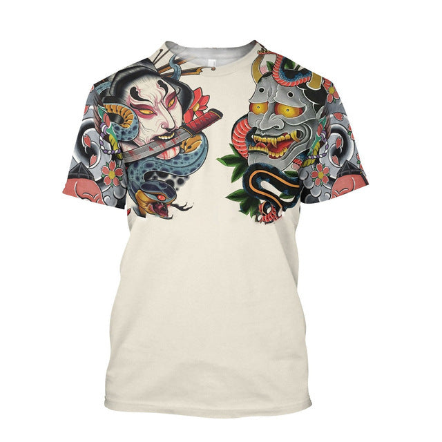 3D Men's T-shirt Samurai Printed T-shirt Loose Round Neck - cas7m