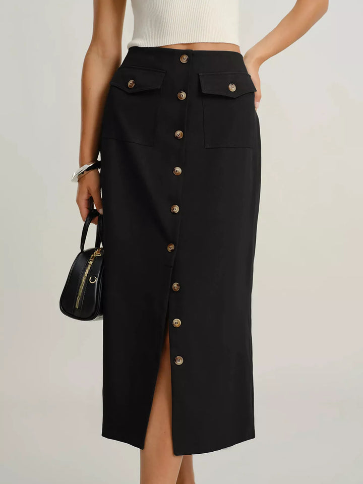 Button-Front Pocketed Midi Skirt - cas7m