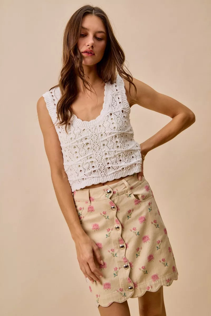 SO ME Floral Rose Print Cotton Twill Scallop Mini Skirt - cas7m