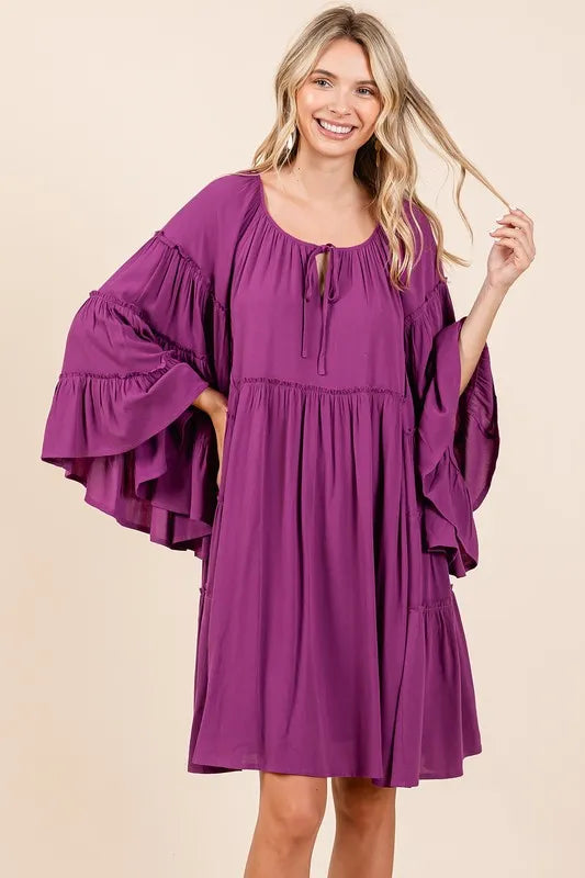 Mittoshop Frill Tie Neck Bell Sleeve Dress - cas7m