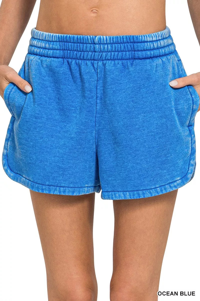 Zenana Acid Washed Elastic Waistband Dolphin Shorts - cas7m