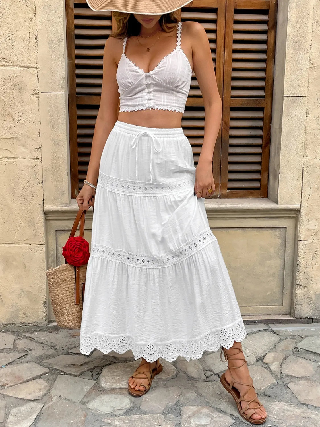 Lace Detail Elastic Waist Skirt - cas7m