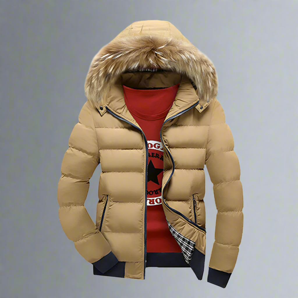 A Yellow Pandora Mens Two Tone Puffer Jacket with Removable Hood is layered over a red graphic t-shirt, displayed against a plain gray background.