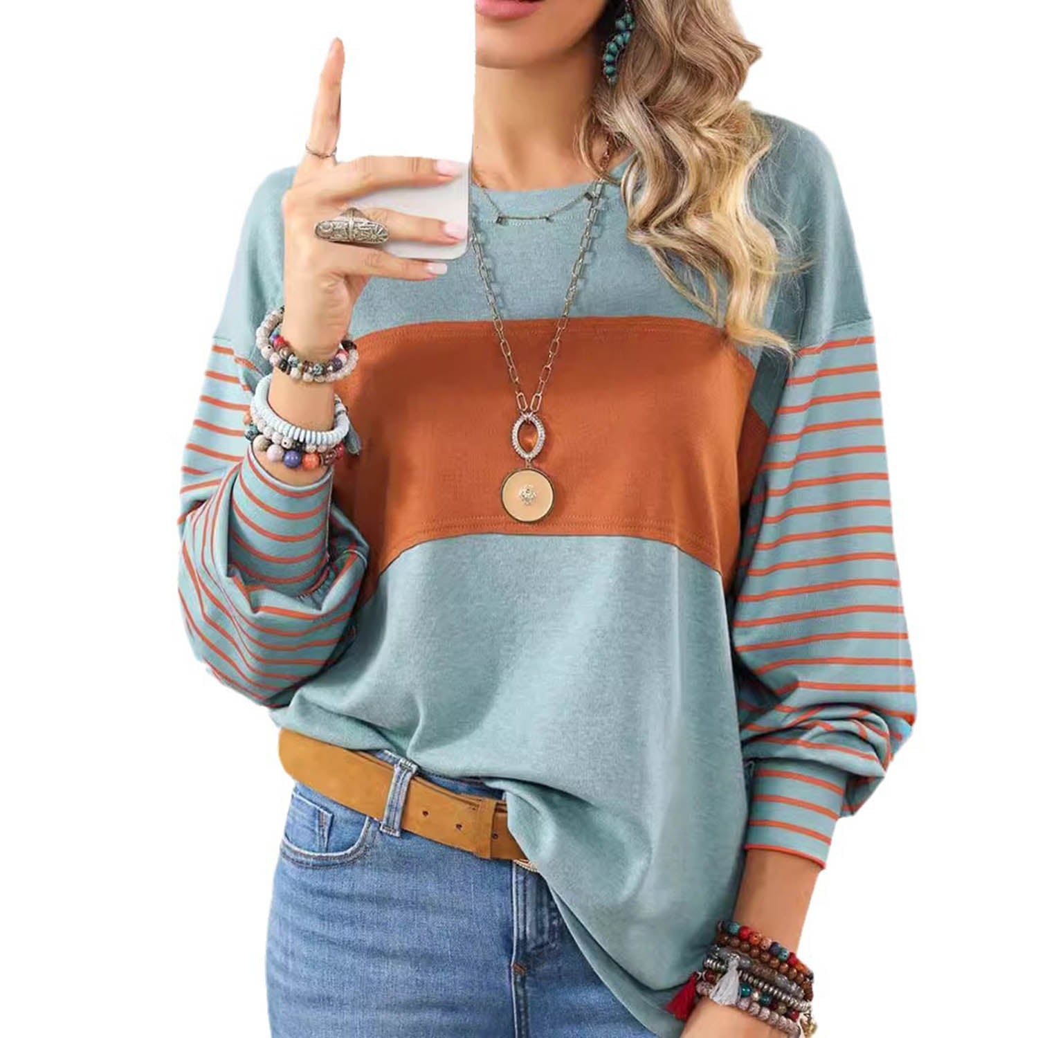 Womens Long Sleeve Pullover Tops Striped Basice T-shirt - cas7m