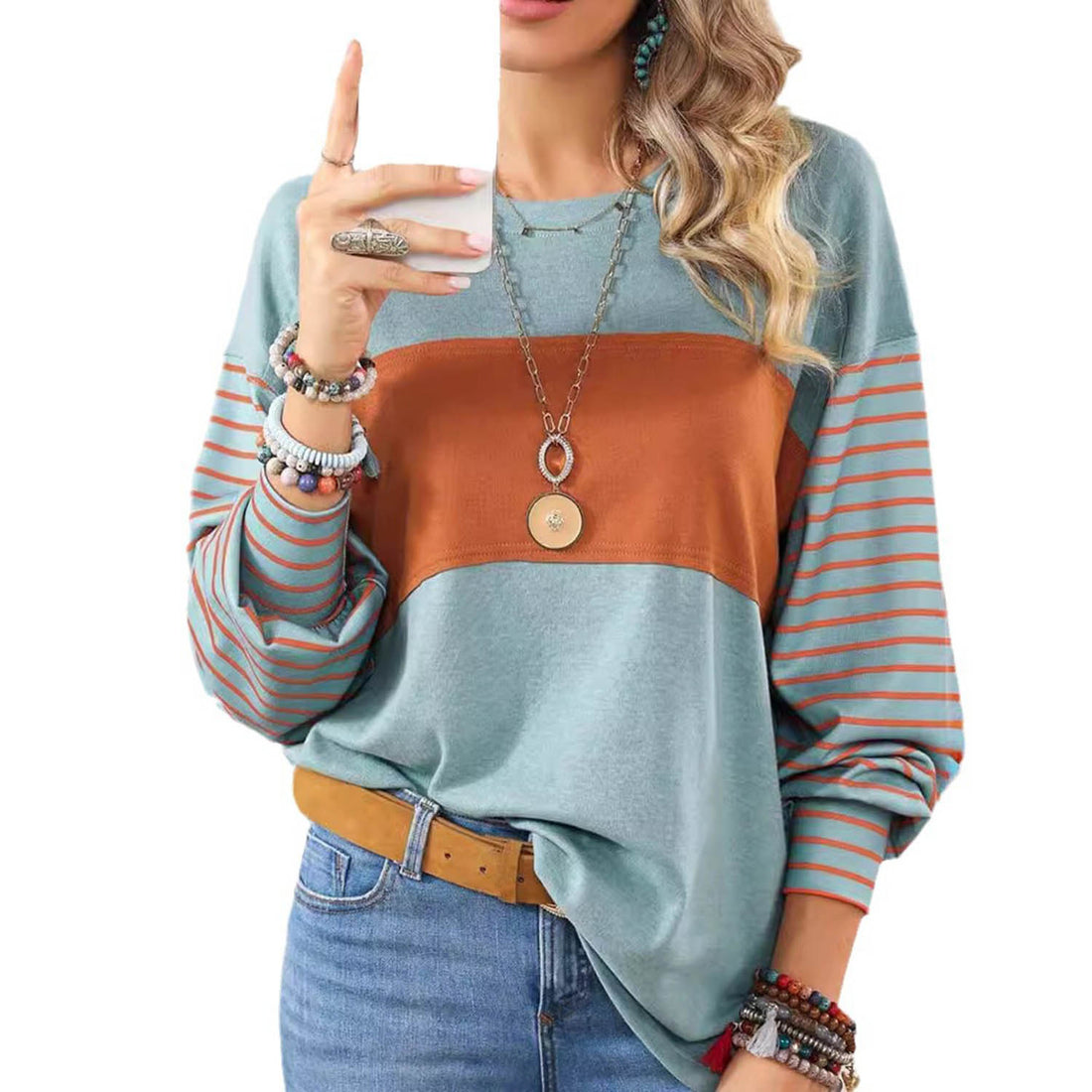 Womens Long Sleeve Pullover Tops Striped Basice T-shirt - cas7m