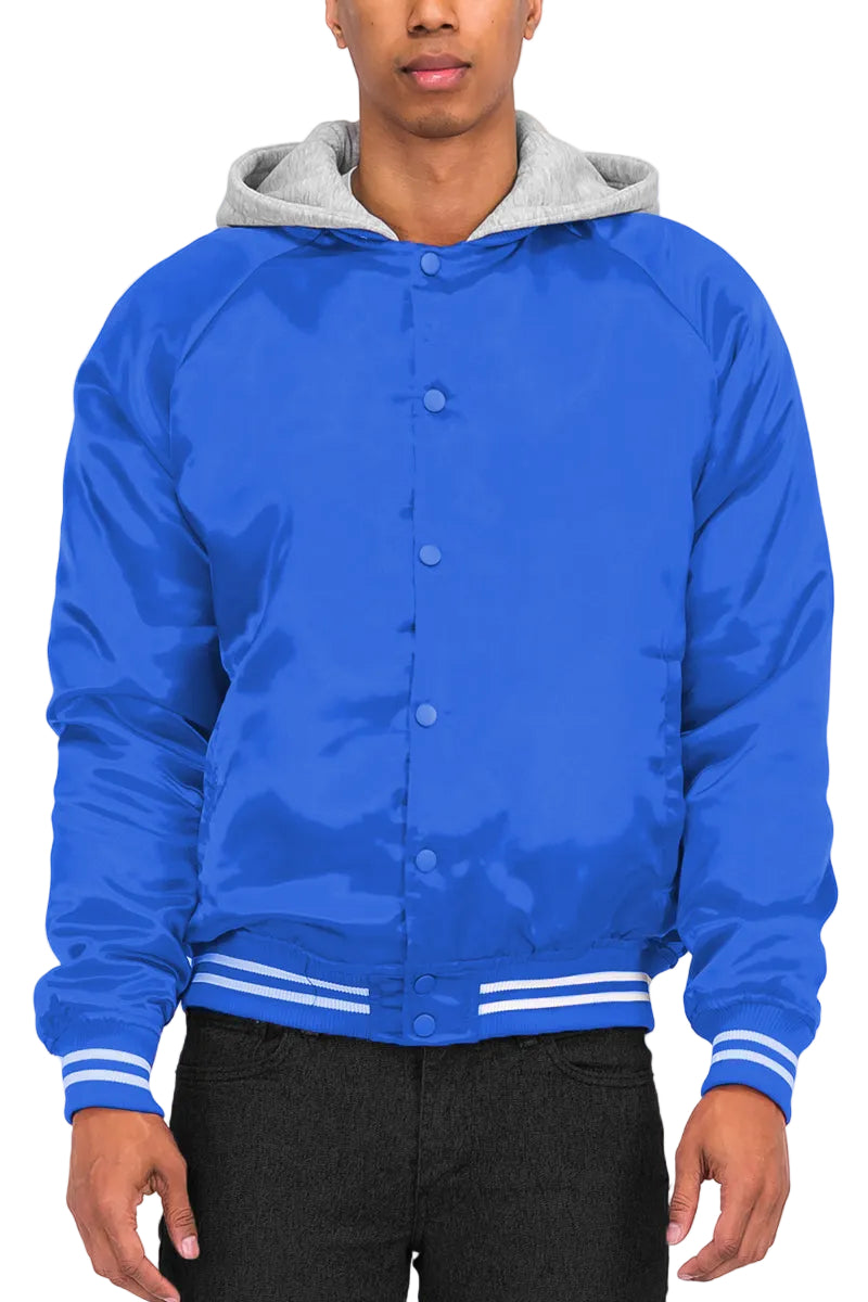 Satin Hooded Varsity Jacket Snap Button Closure BJ220