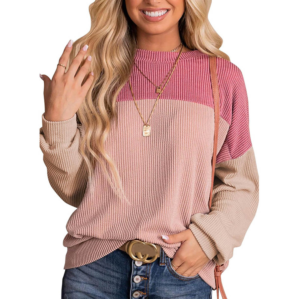 Womens Color Block Long Sleeve Crewneck Knitted Casual Pullover Tops - cas7m