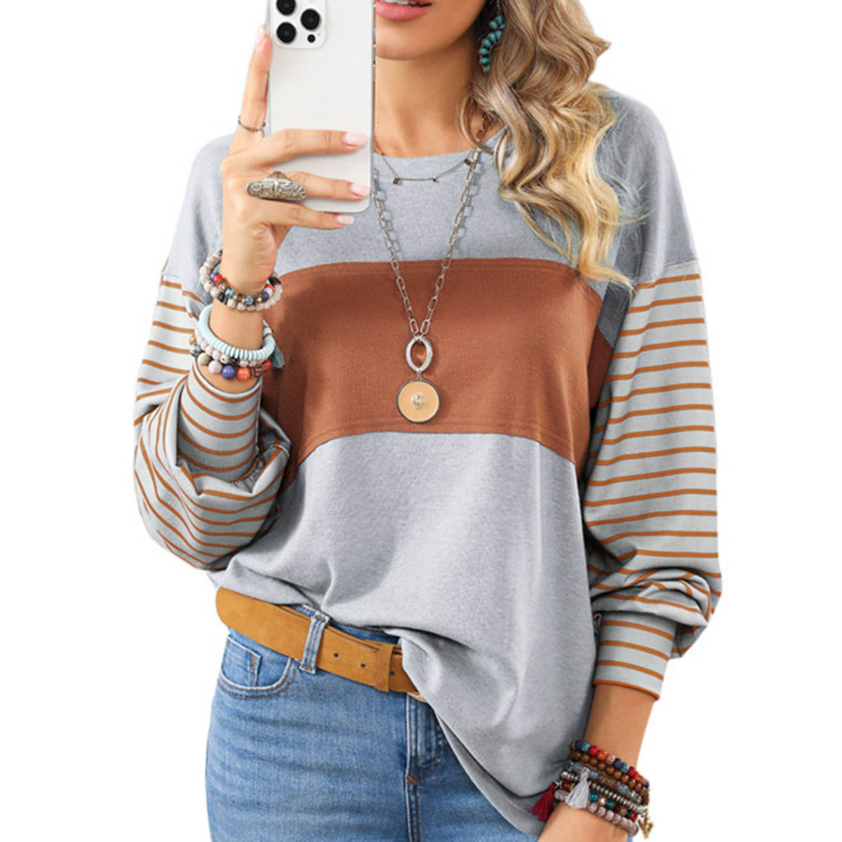 Womens Long Sleeve Pullover Tops Striped Basice T-shirt - cas7m