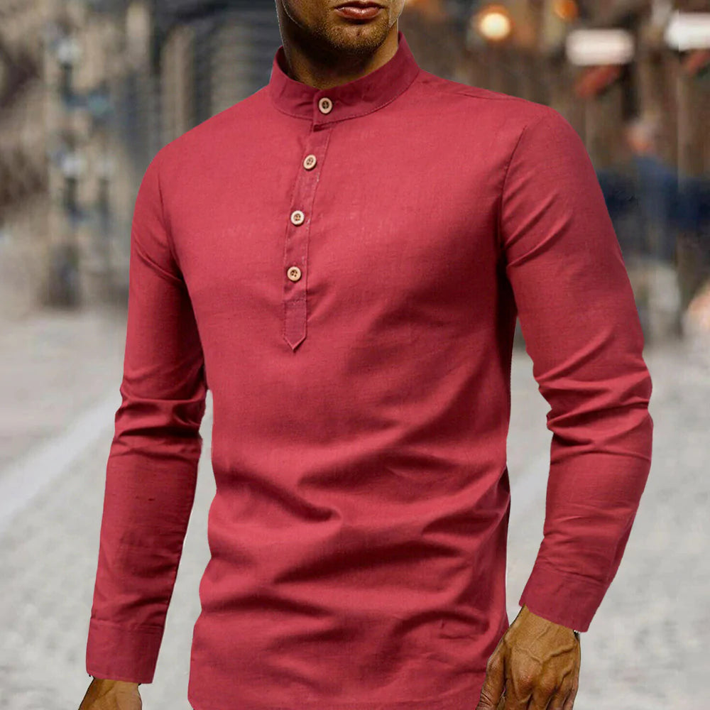 Mens Stand Collar Linen Shirt - cas7m