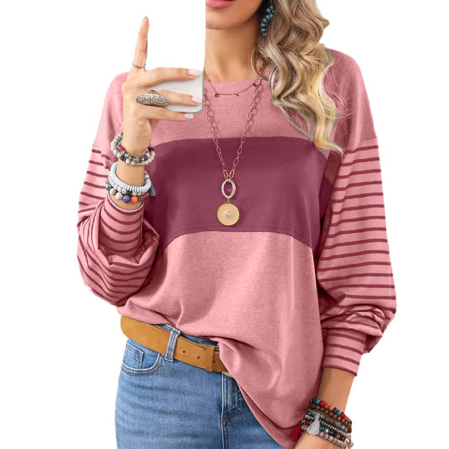 Womens Long Sleeve Pullover Tops Striped Basice T-shirt - cas7m