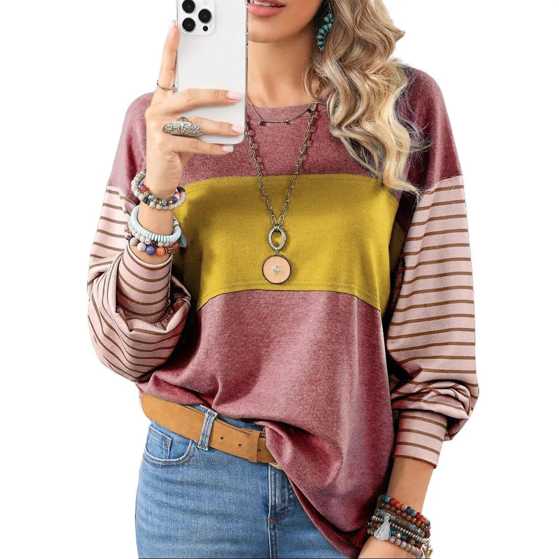 Womens Long Sleeve Pullover Tops Striped Basice T-shirt - cas7m