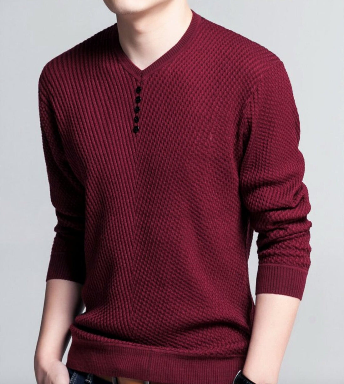 Mens Casual V Neck Sweater with Buttons Design - cas7m